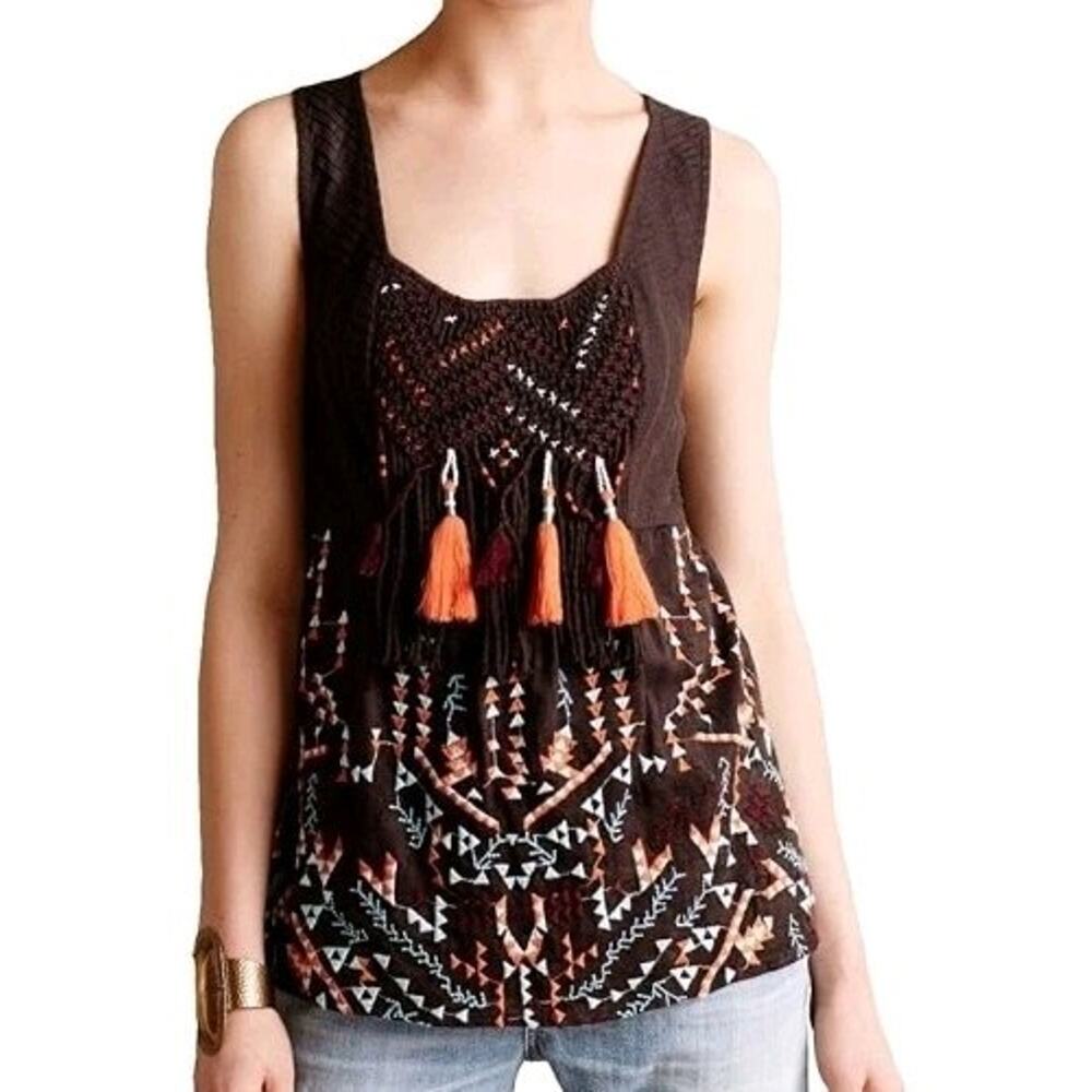 Akemi + Kin Anthropologie‎ Boho Embroidered Tank Top Sz Small Tassels Fringe